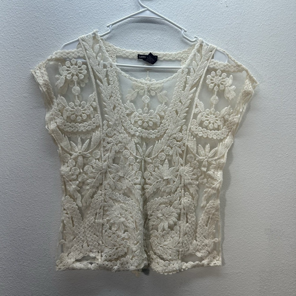 Lauren Michelle Top‎ SZ S Tan Emberoidered Sheer Boho Festival Fairy Floral